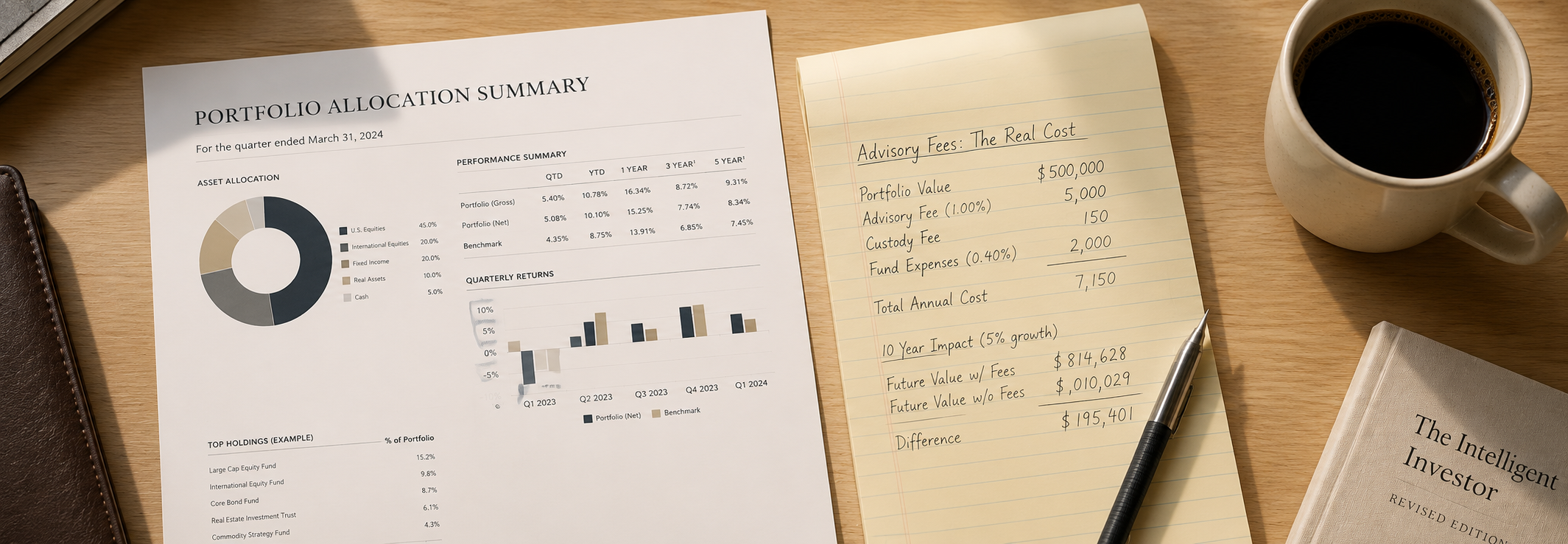 Financial documents and portfolio analysis charts on a desk